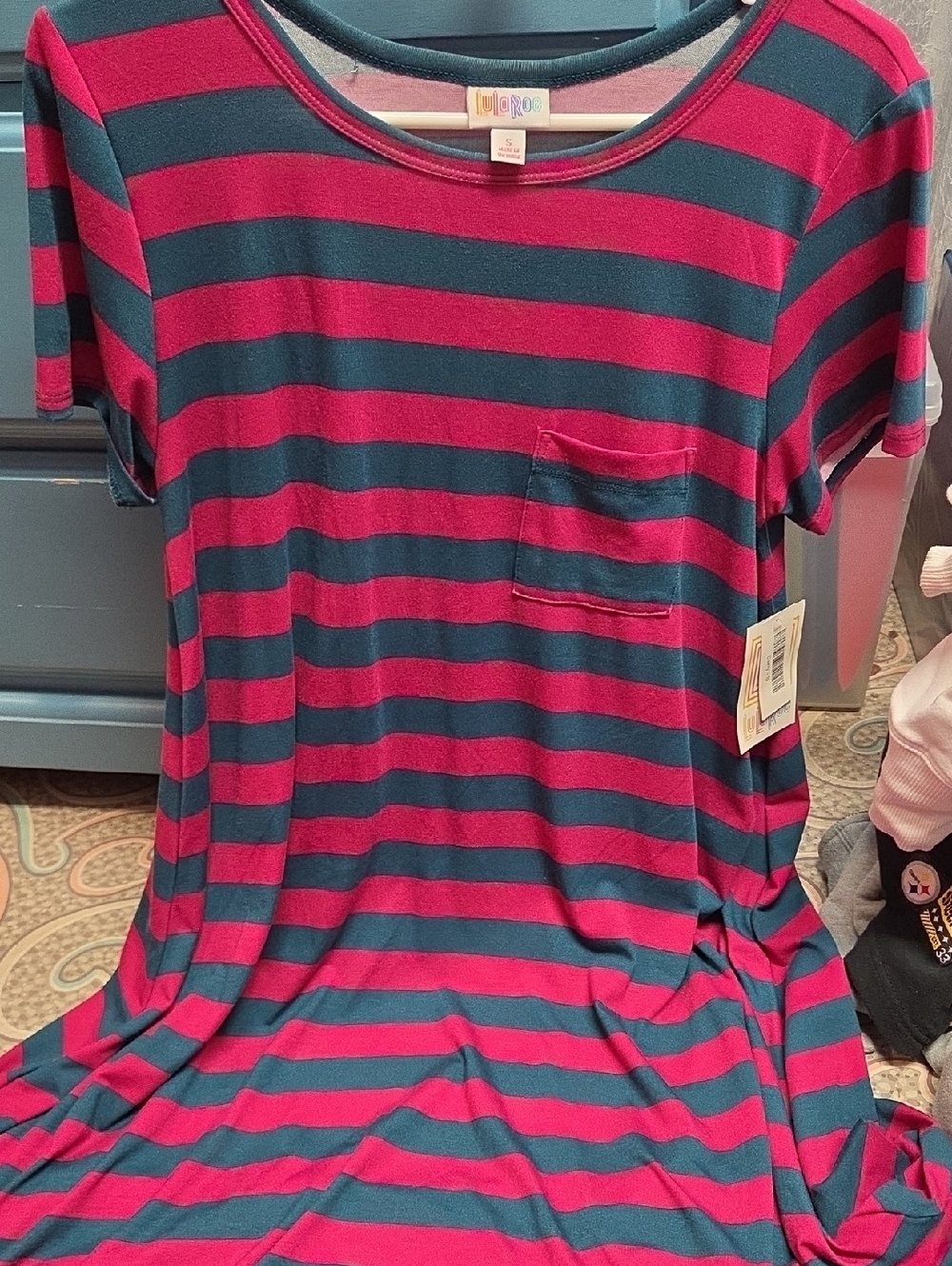 LuLaRoe Striped Pocket Tee - Magenta & Navy